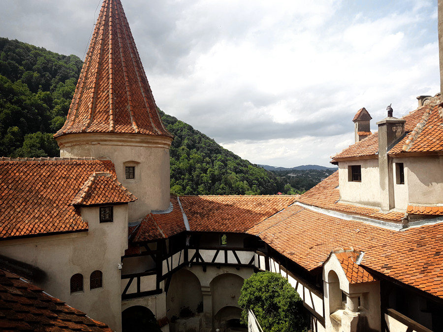 Red inner roofs of Bran Castle in Romania
