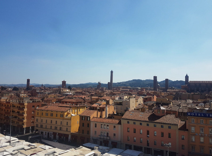 The window view of Bologna with Due Torri, Italy