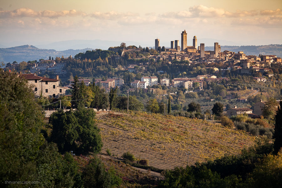 San Gimignano Towers from a distance view on sunset