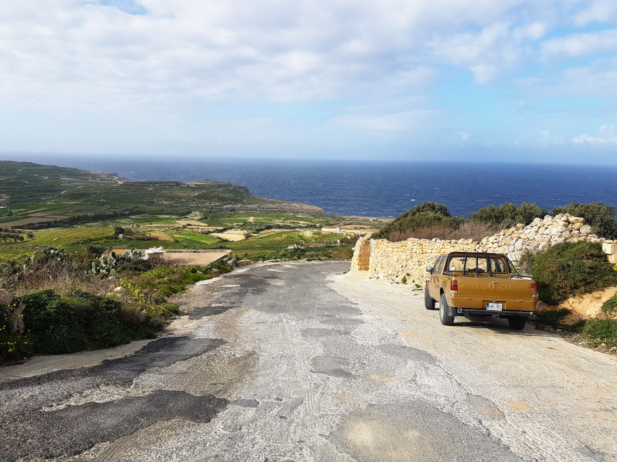 The Gozo countryside with the Jeep on the street