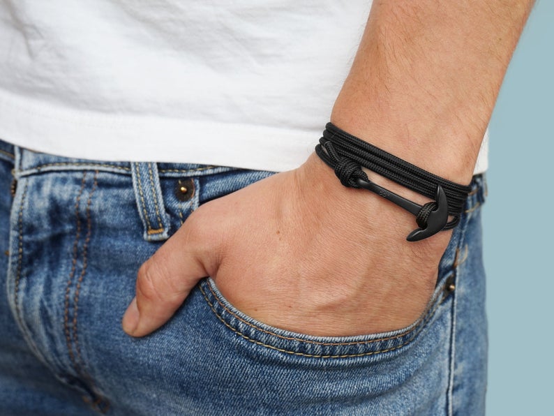 Black sailing anchor bracelet for men