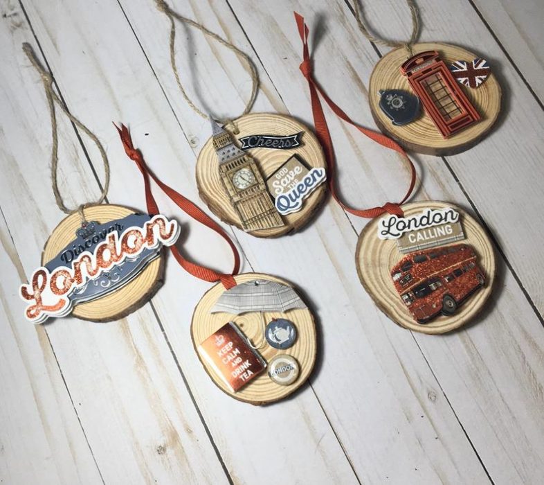 London ornaments on wood slices