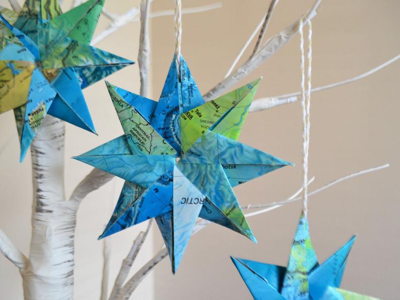 Origami map stars christmas ornament