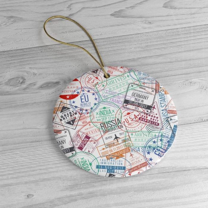 Travel stamps christmas ornament