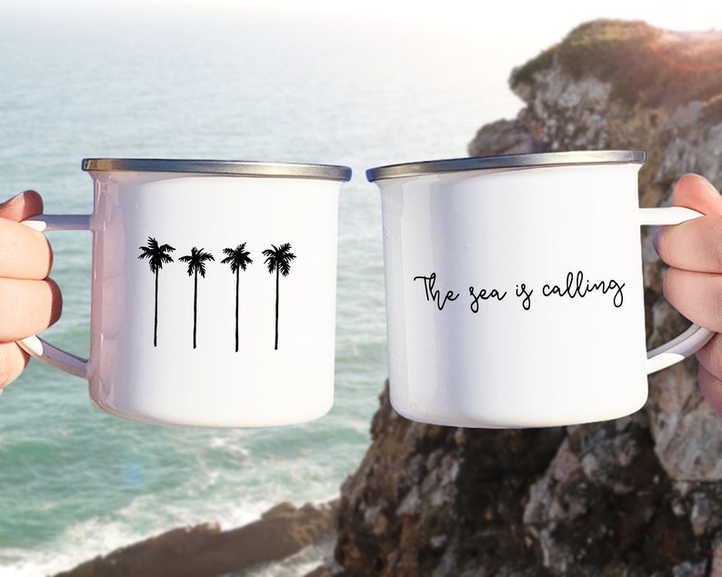 The sea is calling beach quotes metal mugs
