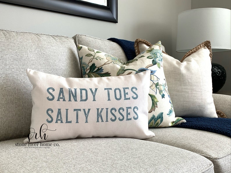 Sandy toes salty kisses fun beach quotes on a pillow