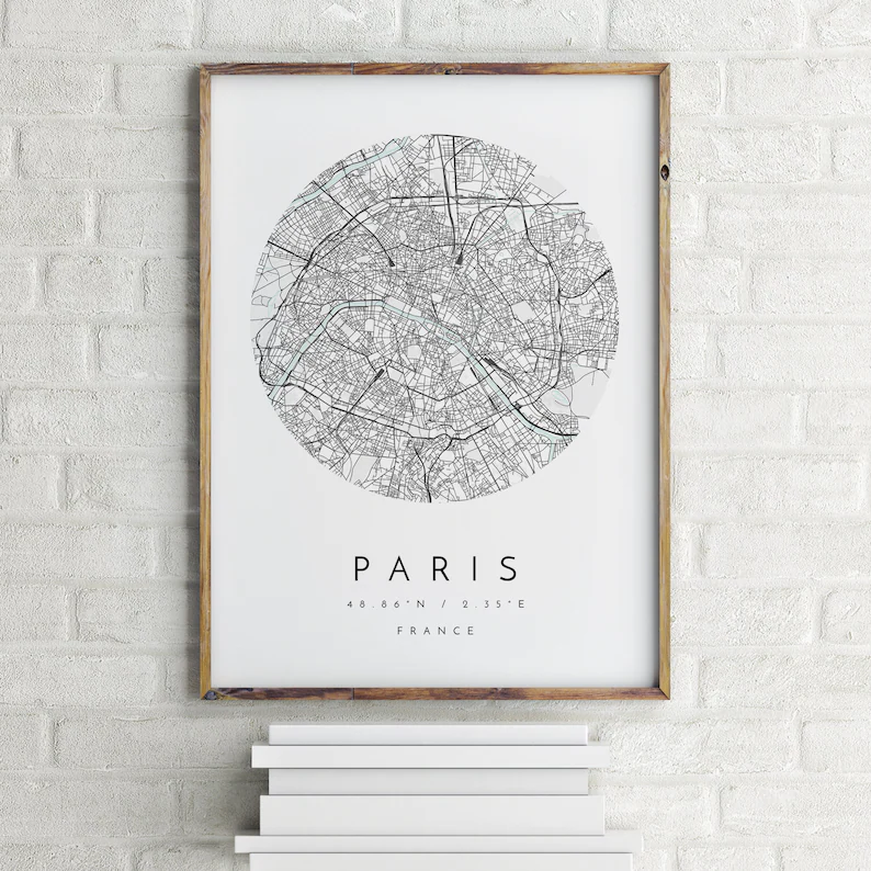 Map of Paris printed in frame: Parisian gifts from France